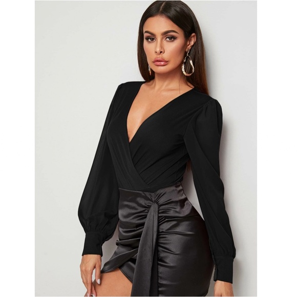 Black Elegant V neck Bodysuit Long Bishop Sheer Sleeves - Picture 3 of 8